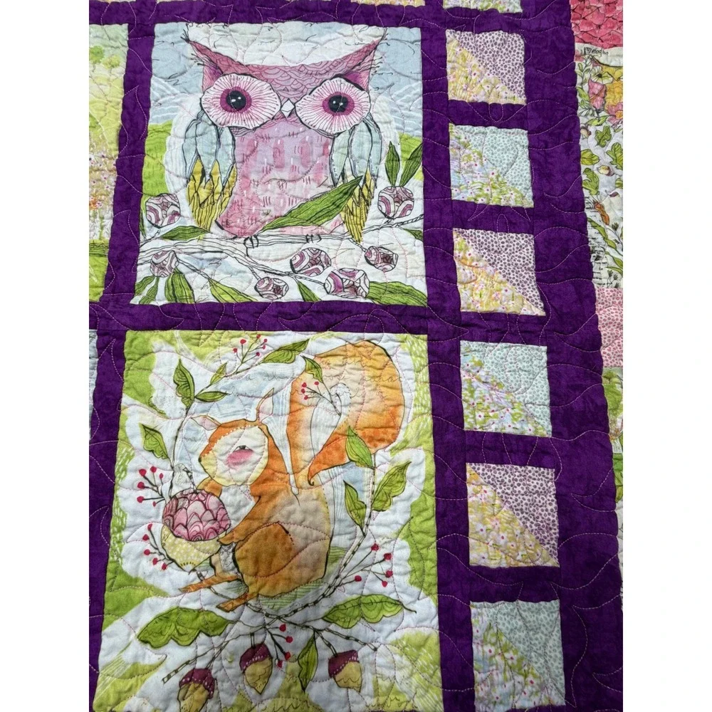 Handmade Woodland Animal Quilted‎ Throw Blanket Purple Cotton 44x45 Fox Owl